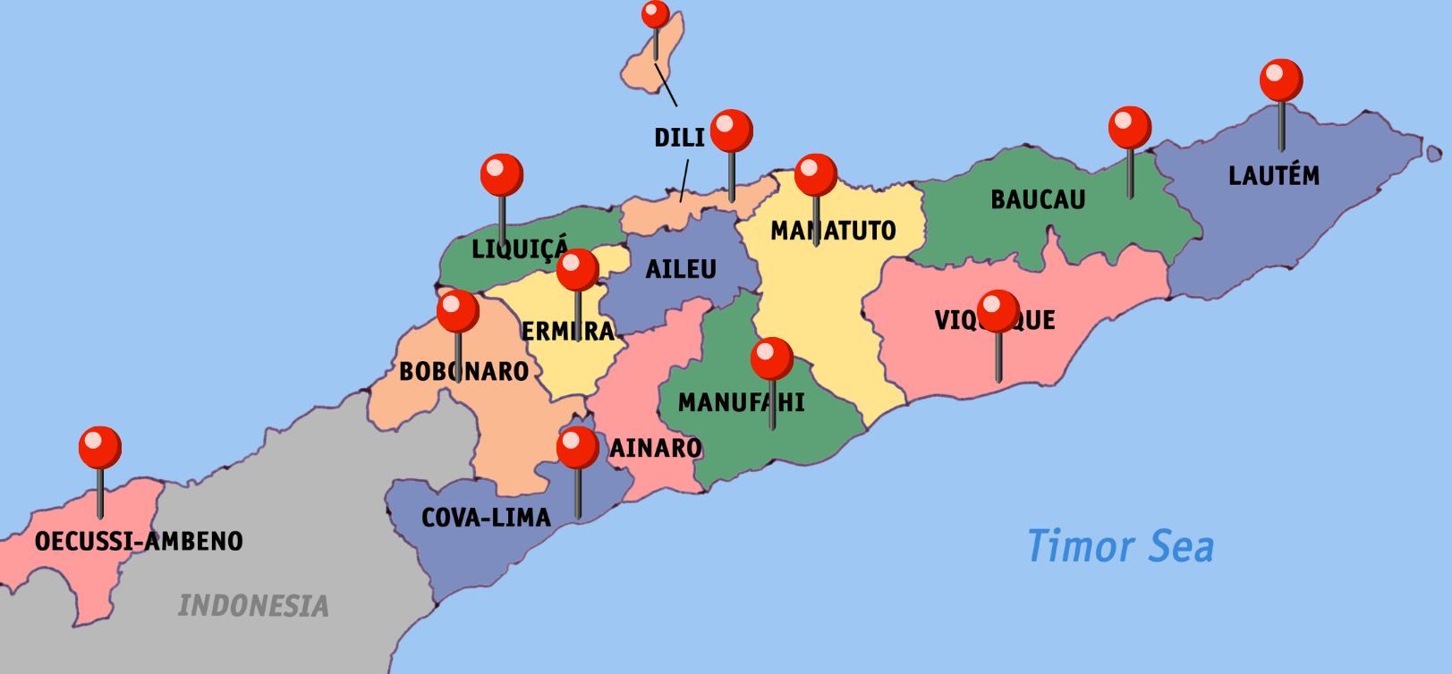 Map of Timor-Leste's 13 municipalities with planned Curooplus clinic locations marked